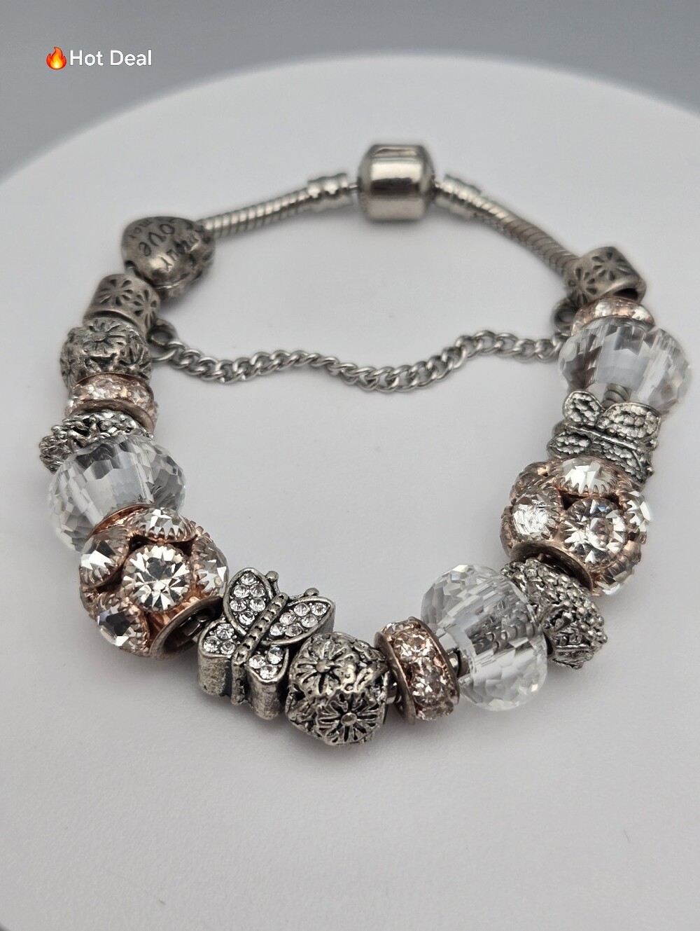Silver Rose Gold Charm Bracelet Butterfly Rhinestone Crystal Beads Love Amour 7"